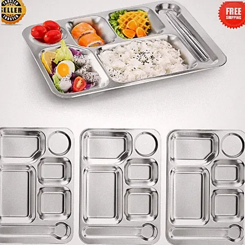 Stainless Steel Divided Dinner Tray 4 Pack 6 Section Metal Plates for Adults