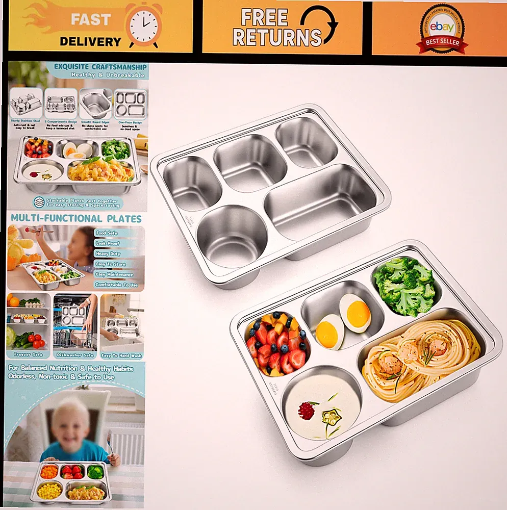Stainless Steel Divided Plates 2-Pack, 5-Section Dinner Plates for Kids & Adults