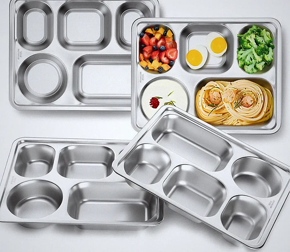 Stainless Steel Divided Plates, 4 Pack 5 Sections Dinner Plates for Kids Toddler