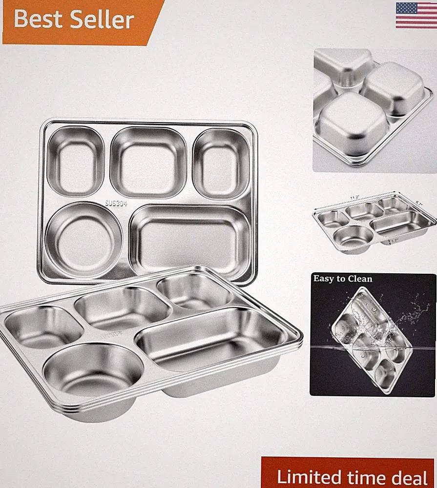 Stainless Steel Divided Plates - 5 Sections - Tray for Adults, Kids, and Control