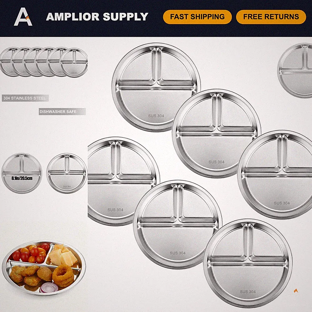 Stainless Steel Divided Plates for Kids - 8.1" Portion Control, 3 Compartments