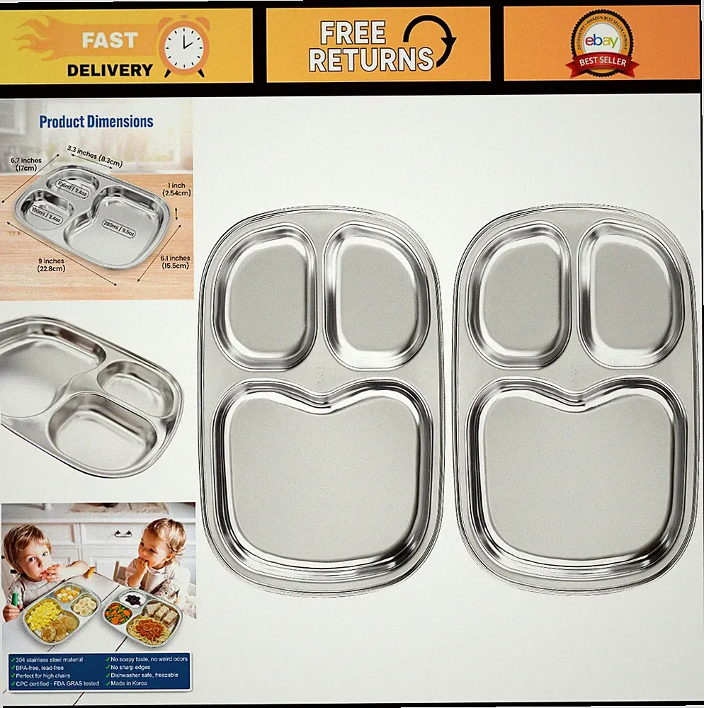 Stainless Steel Divided Plates for Kids & Toddlers - 3-Compartment, BPA-Free, Se