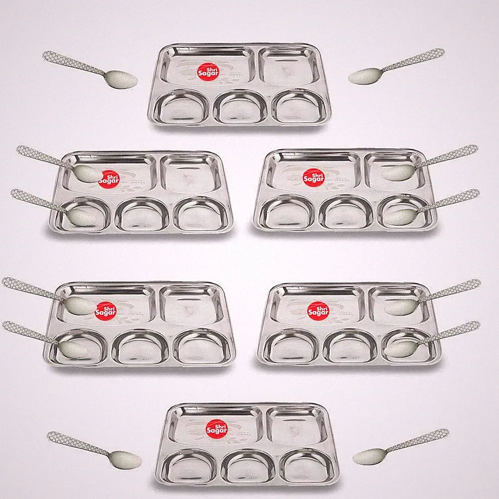 Stainless Steel Food Thali/Plate with Divider/ 5 Compartments, Set of 6
