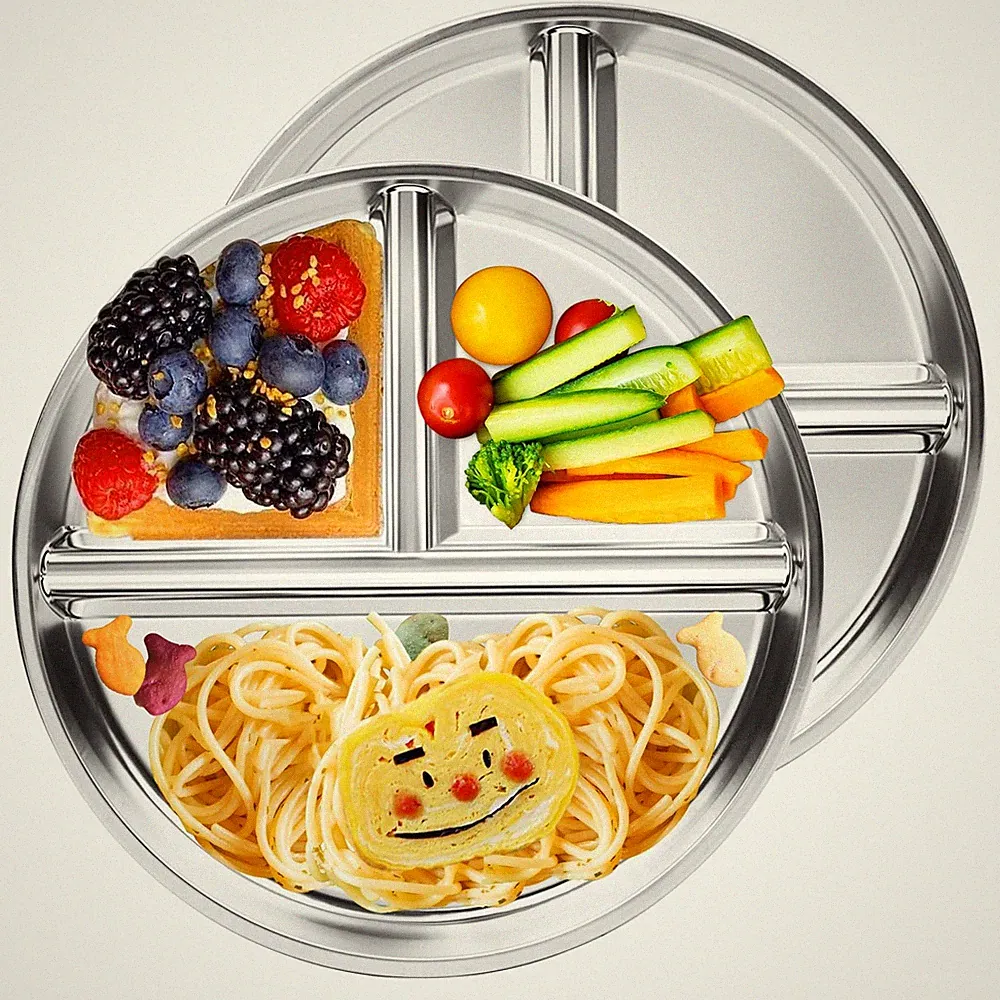 Stainless Steel Kids Plates 2 Packs, 9" Portion Control Plate Divided Plates for