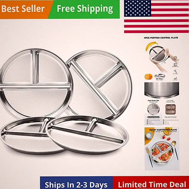 Stainless Steel Kids Plates Set of 4, 9" Portion Control Plates Divided Plate...