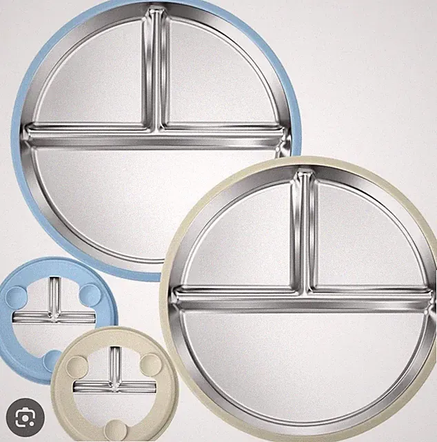 Stainless Steel Silicone Plate with Sections and Suction for Baby, Silver