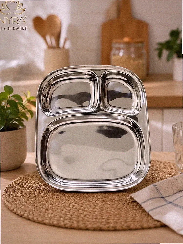 Stainless Steel Three Sectioned Plates | 3 in 1 Compartment Plate - Set of 2