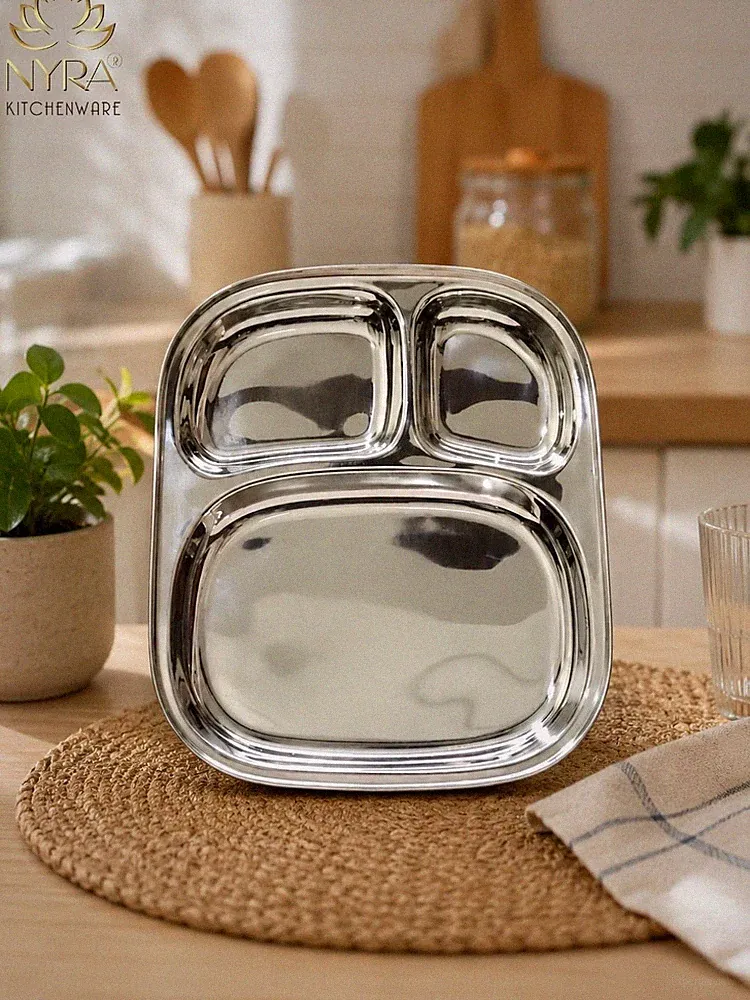 Stainless Steel Three Sectioned Plates | 3 in 1 Compartment Plate - Set of 4