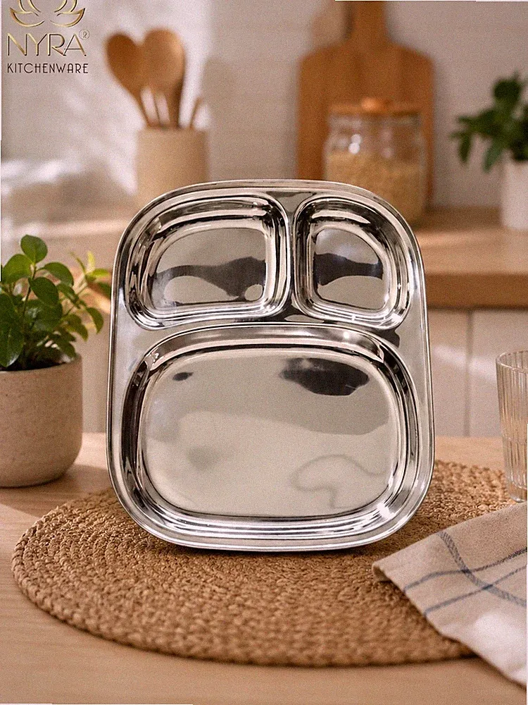 Stainless Steel Three Sectioned Plates | 3 in 1 Compartment Plate - Set of 6