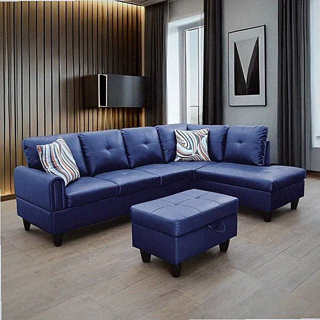Star Home Living 3-Piece Faux Leather Right Facing Sectional in Navy Blue