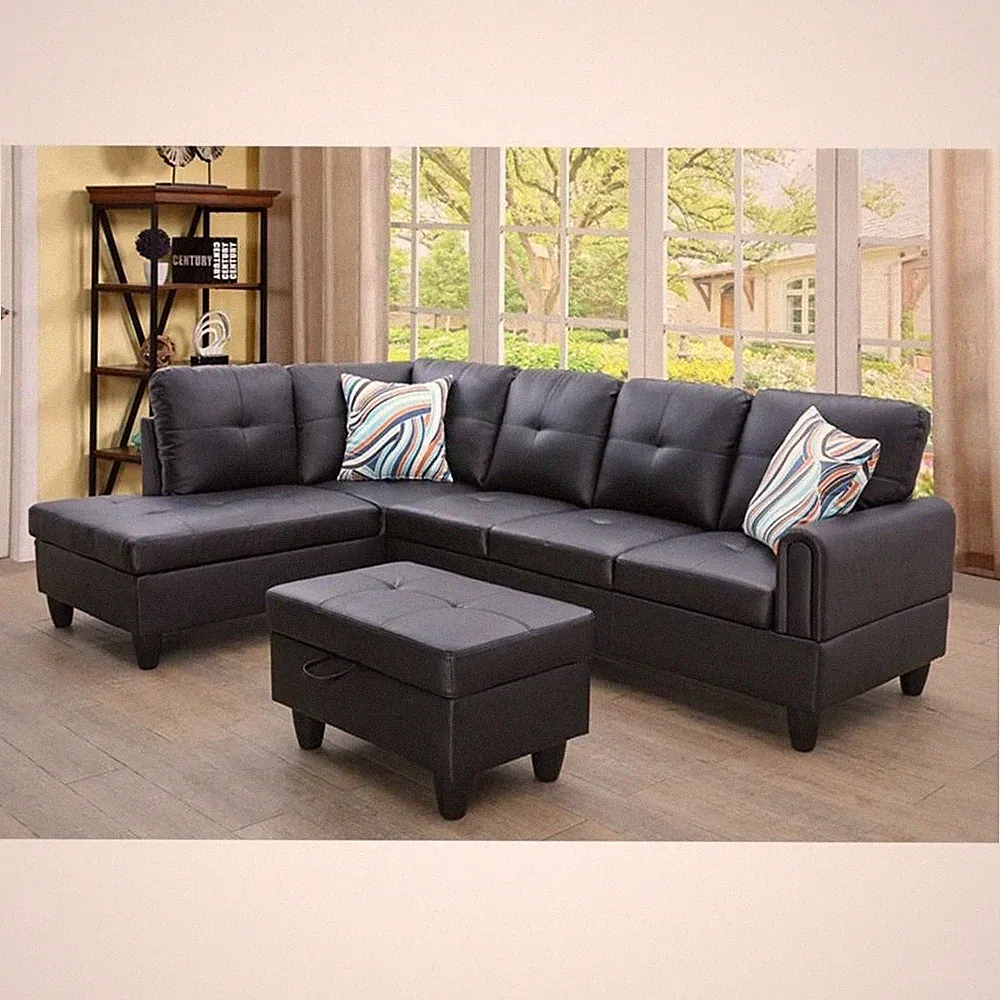 Star Home Living 3PC Faux Leather Sectional w/ottoman (Black)
