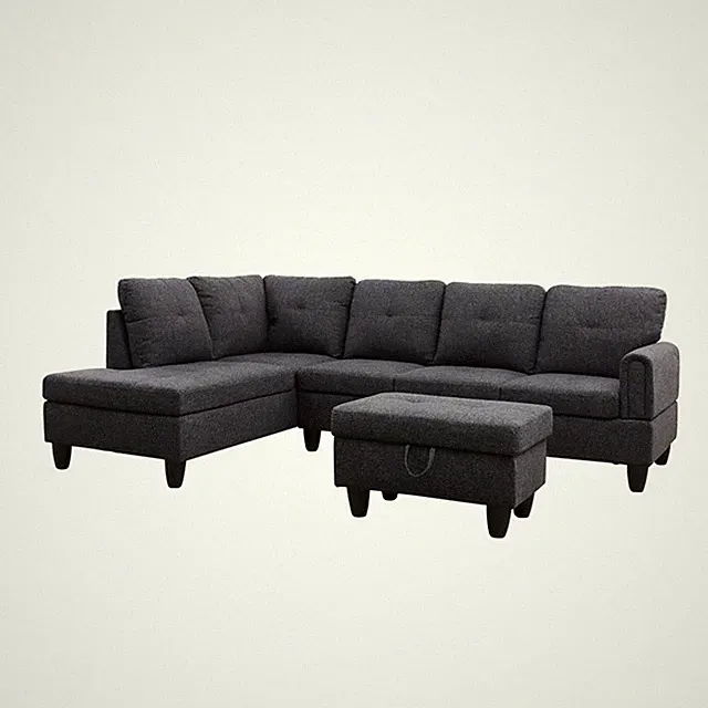 Star Home Living 3PC Linen Sectional Sofa with Ottoman (Black Gray)