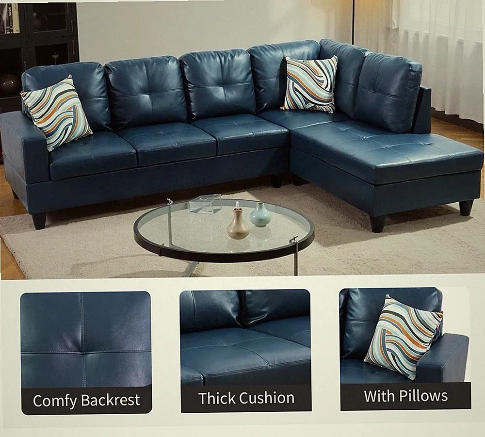 Star Home Living Corp Harry Faux Leather Right Sectional Sofa in Blue