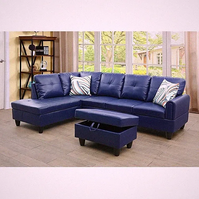 Star Home Living Faux Leather 3-Piece Left Facing Sectional Set in Navy Blue