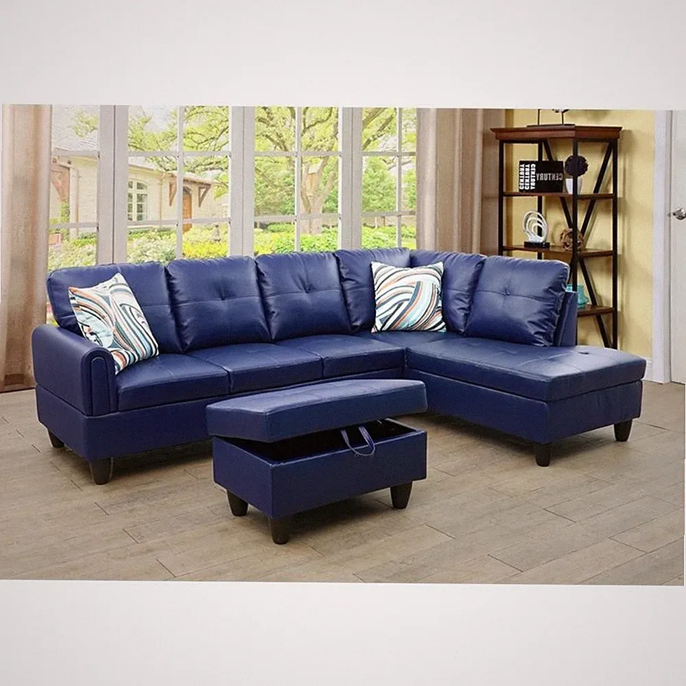 Star Home Living Faux Leather 3-Piece Right Facing Sectional Set in Navy Blue
