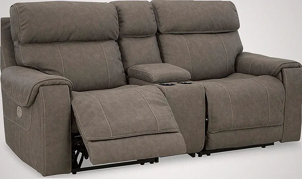 Starbot Gray Faux Leather Power Reclining Sectional Loveseat with USB & Cup Hold