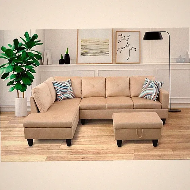 Starhome L Shaped Beige Couch with Ottoman(Pillows Included) Microfiber