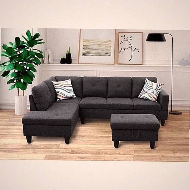 Starhome L Shaped Black Gray Couch with Ottoman(Pillows Included) Microfiber