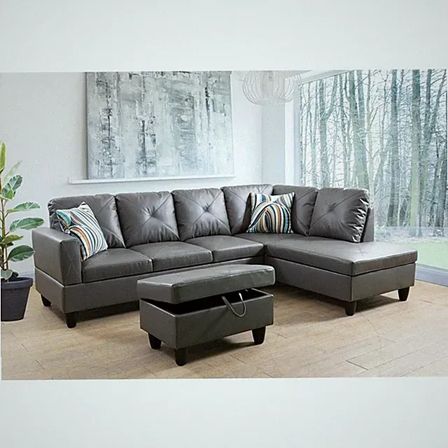 Starhome L Shaped Gray Couch with Ottoman(Pillows Included) Microfiber