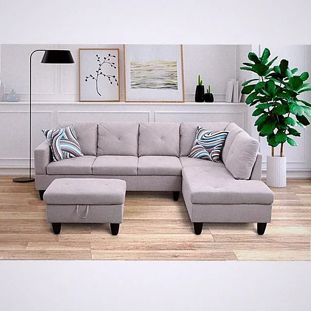 Starhome L Shaped Gray Couch with Storage Ottoman(Pillows Included) Microfiber