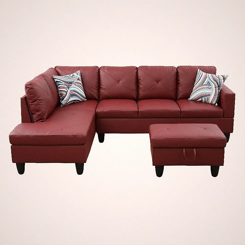 Starhome L Shaped Red Couch with Storage Ottoman(Pillows Included) Microfiber