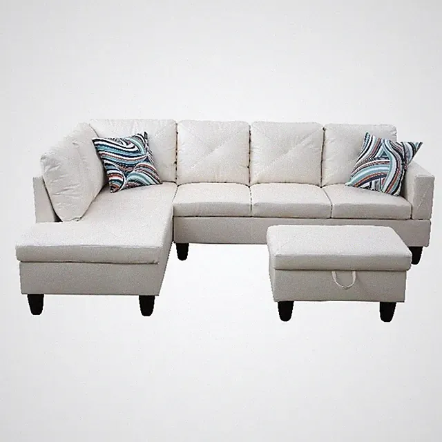 Starhome L Shaped White Couch with Ottoman(Pillows Included) Microfiber
