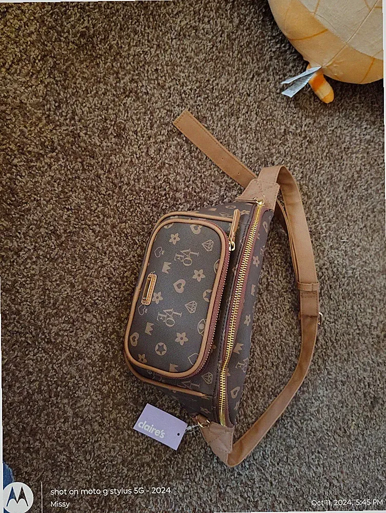 Status Icons Brown Faux Leather Belt Bag Two zippered sections hold all