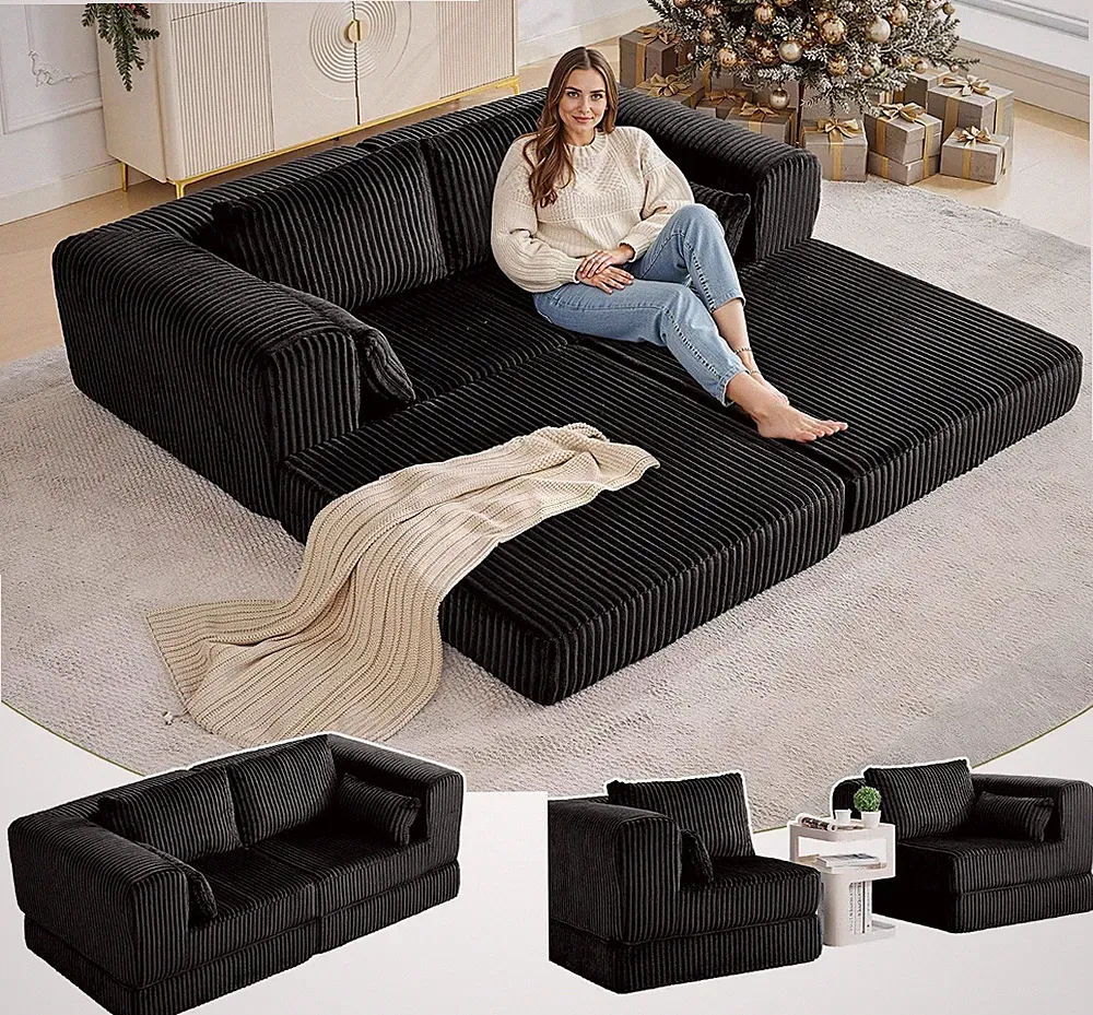 STHOUYN 79" Corduroy Folding Convertible Sleeper Sofa Bed Queen, Black Pull Out