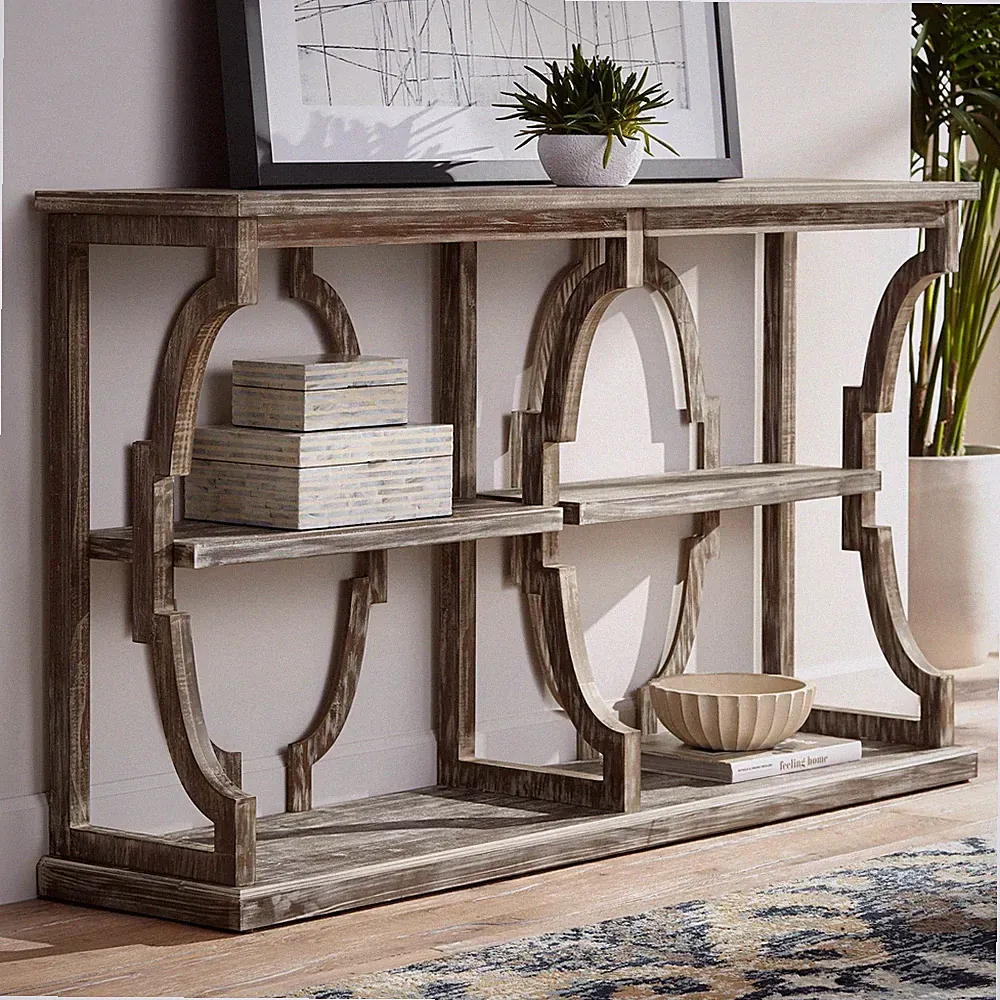Stockton Farmhouse Chestnut Wood Console Table 64" x 15" Bookshelf Brown 3-Tier
