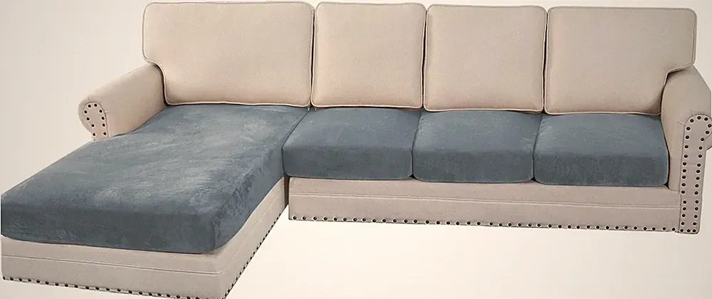 Stone Blue Velvet Stretch Sectional Couch Covers - 4 Piece L Shape Set