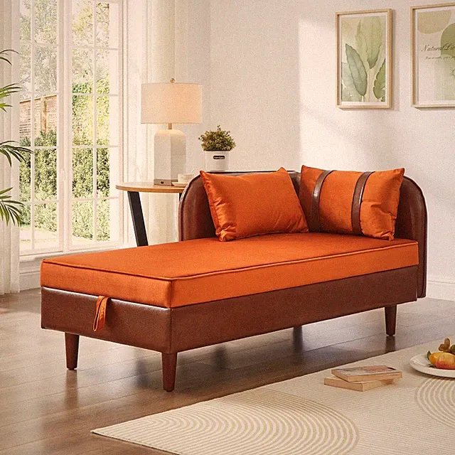 Storage Chaise Lounge Sofa Brown w/ Orange Velvet Upholstery 65"
