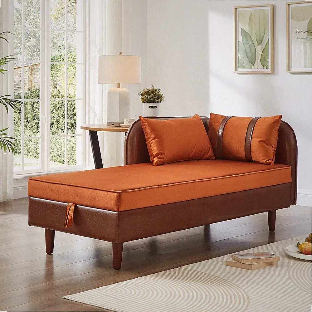 Storage Chaise Lounge Sofa w/ Velvet & PU Upholstery, Orange Brown