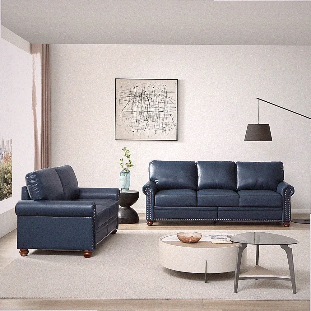 Storage Sectional Sofa 2+3 Seater, Navy Blue Faux Leather, Removable Boxes