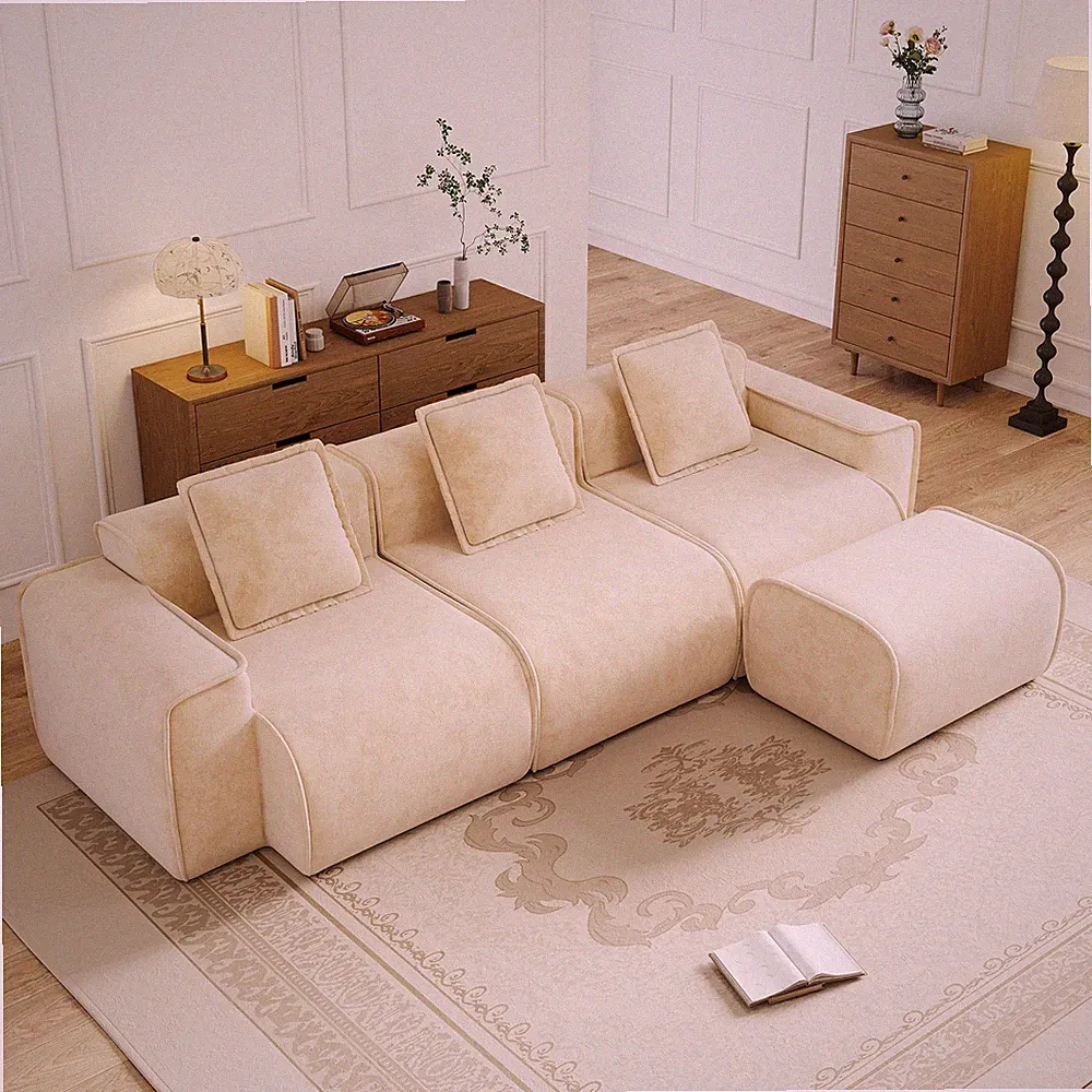 Streamlined Design Modular 3 Seat L Shape Sectional Boneless Sofa w/French Edg