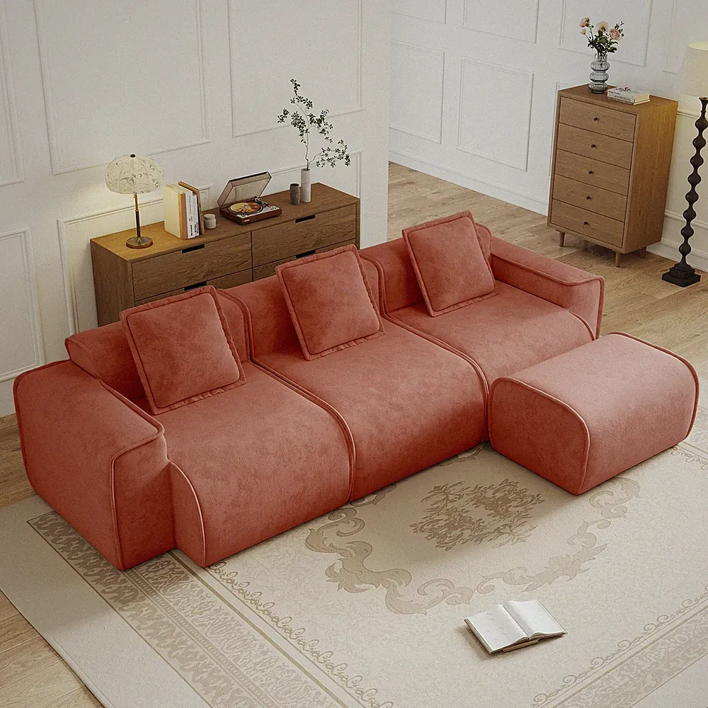 Streamlined Design Modular 3 Seat L Shape Sectional Boneless Sofa w/French Edge