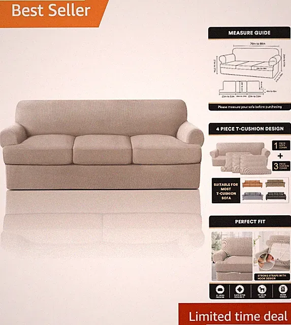 Stretch Fit T Cushion Sofa Slipcovers - 4 Pieces, Perfect for Sand-Colored Sofas