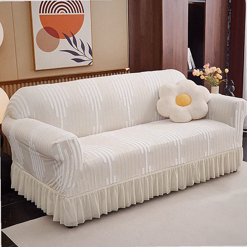 Stretch Jacquard Sofa Cover 1/2/3/4 Seater with Skirt Anti-Slip Couch Protector