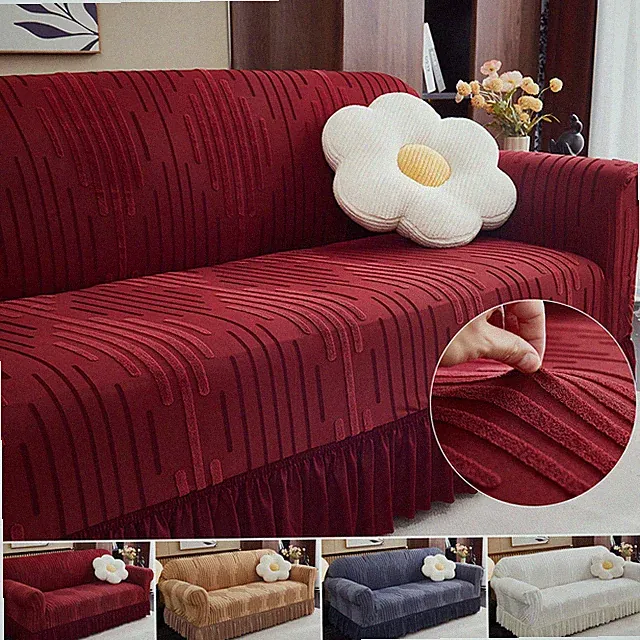 Stretch Jacquard Sofa Cover 1/2/3/4 Seater with Skirt Anti-Slip Couch Protector