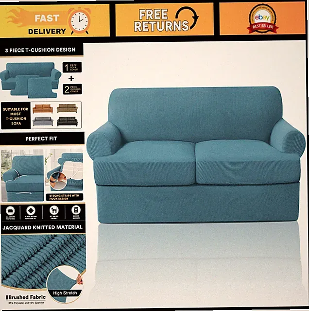 Stretch Loveseat Slipcover for 2 Cushion Couch - 3 Piece T Cushion Set, Machine