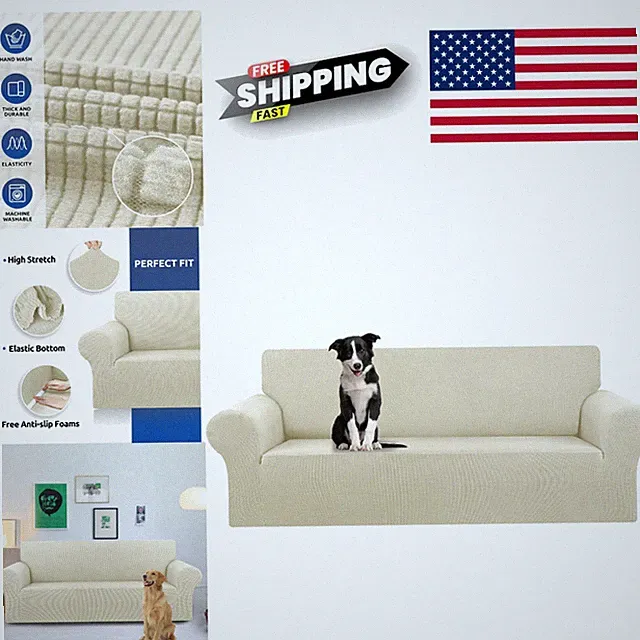 Stretch Oversized Sofa Slipcover 1 Piece 94 to 110 Inches Beige Jacquard Fabric