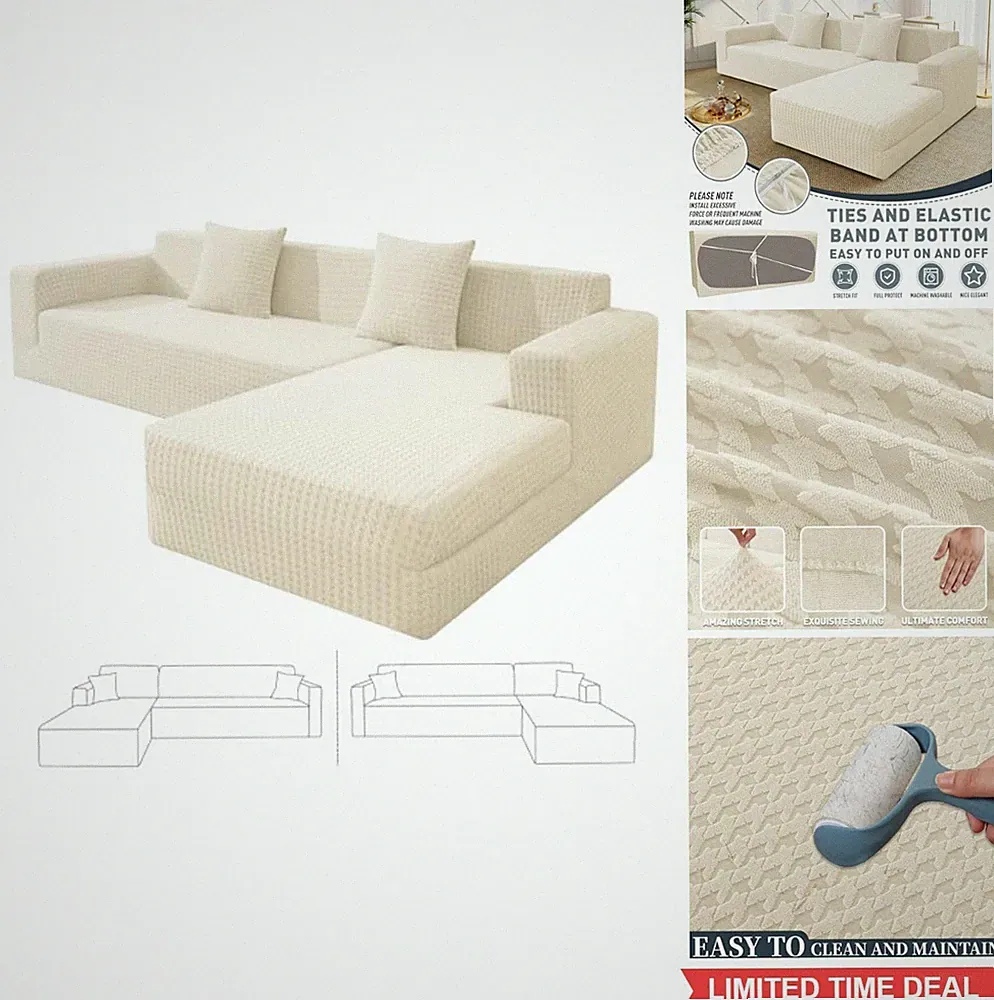 Stretch Sectional Couch Covers 2 Piece Beige Houndstooth L Shape Sofa Slipcover