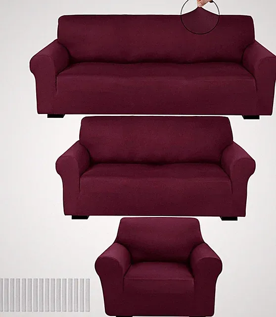Stretch Slipcover Set for Sofa & Loveseat, Burgundy Milk Silk Spandex 3 Pcs