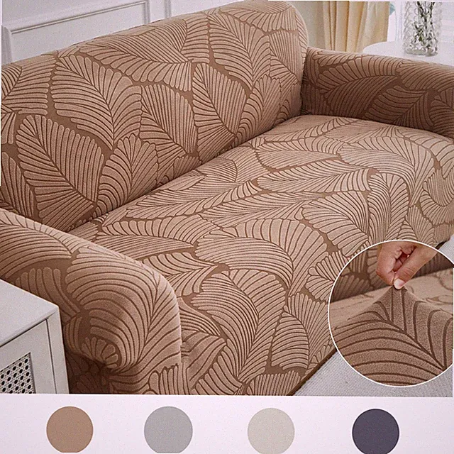 Stretch Sofa Cover Leaf Jacquard Slipcover 360°Full Protection Refresh Old Couch
