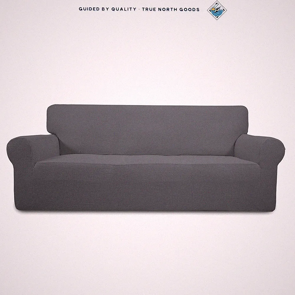 Stretch Sofa Slipcover with Elastic Bottom, Soft Checkered Fabric in Grey
