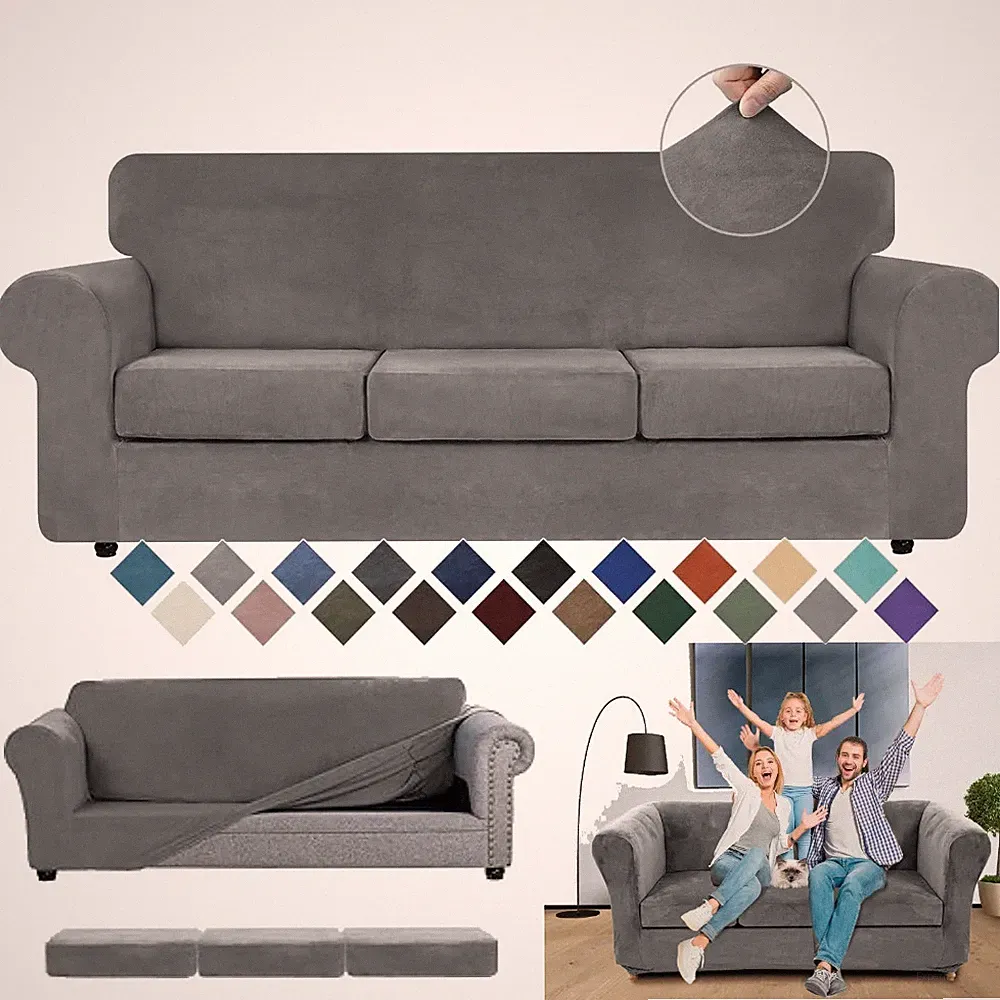 Stretch Velvet Chesterfield Couch Cover with Seat Cushion Cover Curved Settee