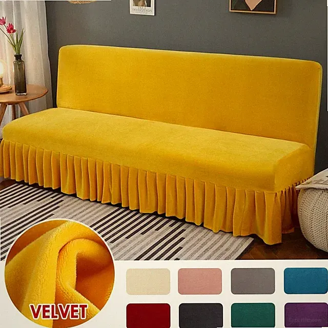 Stretch Velvet Futon Sofa Bed Cover Armless with Skirt Slipcover Protector 1pc