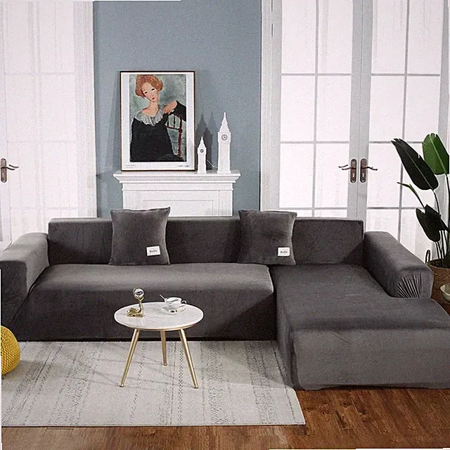 Stretch Velvet Plush Sofa Cover Elastic Corner Sectional Slipcover Couch 3+4Seat