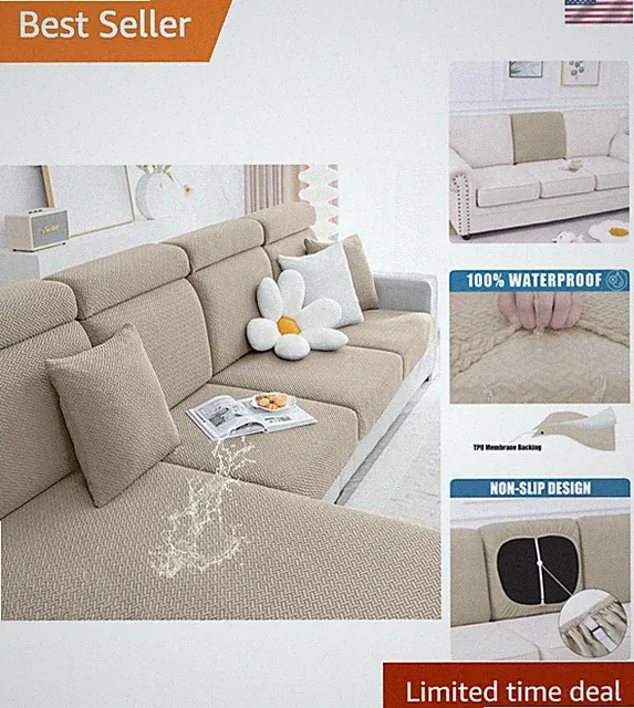 Stretchy Jacquard Couch Cushion Cover - Camel, Enhanced Protection for Pets