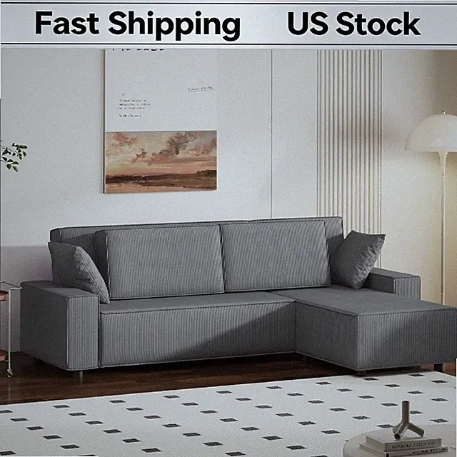 Stripe Corduroy 96" L Shaped Cloud Couch Deep Seat Sofa Movable Ottoman