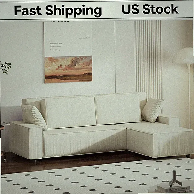 Stripe Corduroy 96" Modular L Shaped Cloud Couch Deep Seat Movable Ottoman